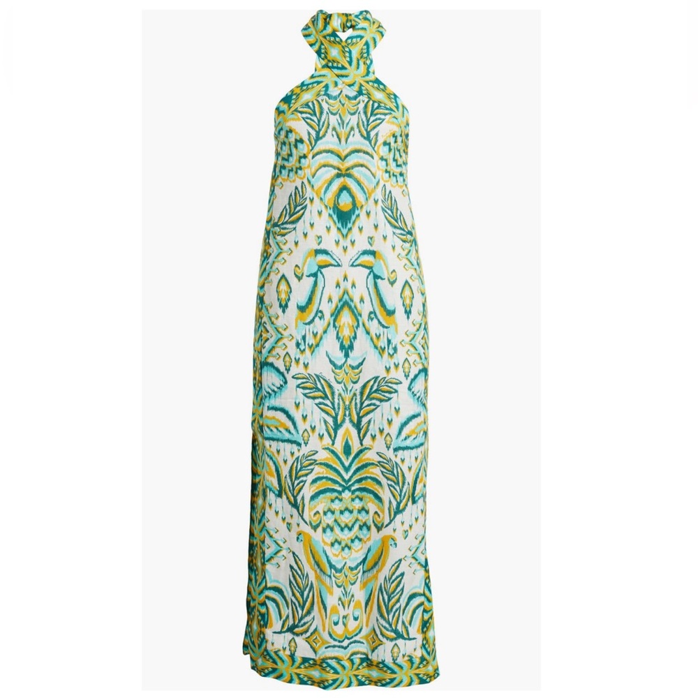 NWT Farm Rio Tropical Tapestry Halter Linen Maxi Sun Dress Off White Green M - Picture 2 of 16